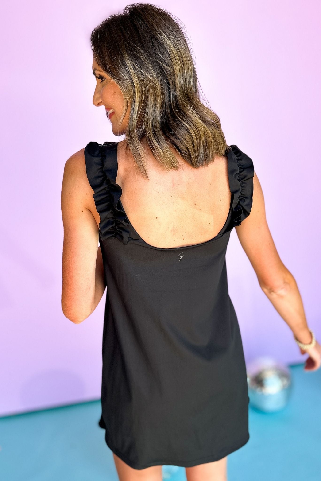 SSYS Black Ruffle Shoulder Active Dress With Built In Bodysuit, ruffle shoulder, everyday dress, must have, mom style, shop style your senses by mallory fitzsimmons