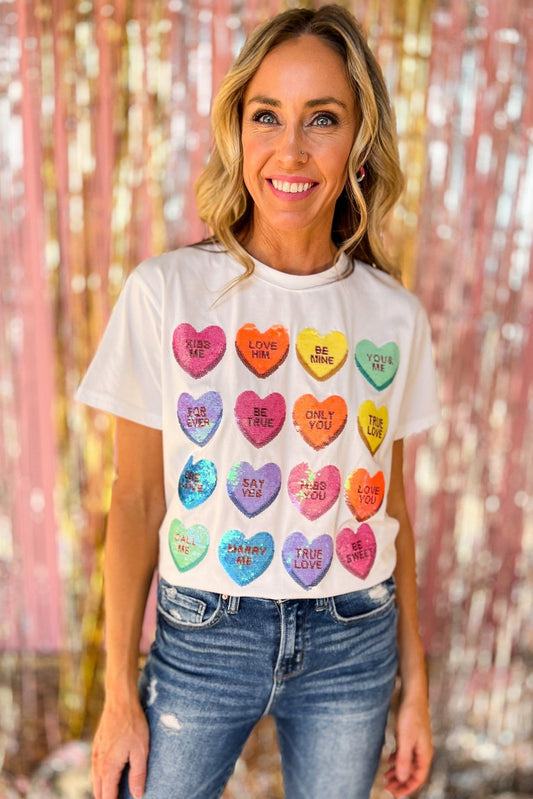 Queen Of Sparkles White Sequin Sweethearts Tee Shirt, queen of sparkles, valentine's day, all pink, trendy, date night look, mom style, elevated look, shop style your senses by mallory fitzsimmons