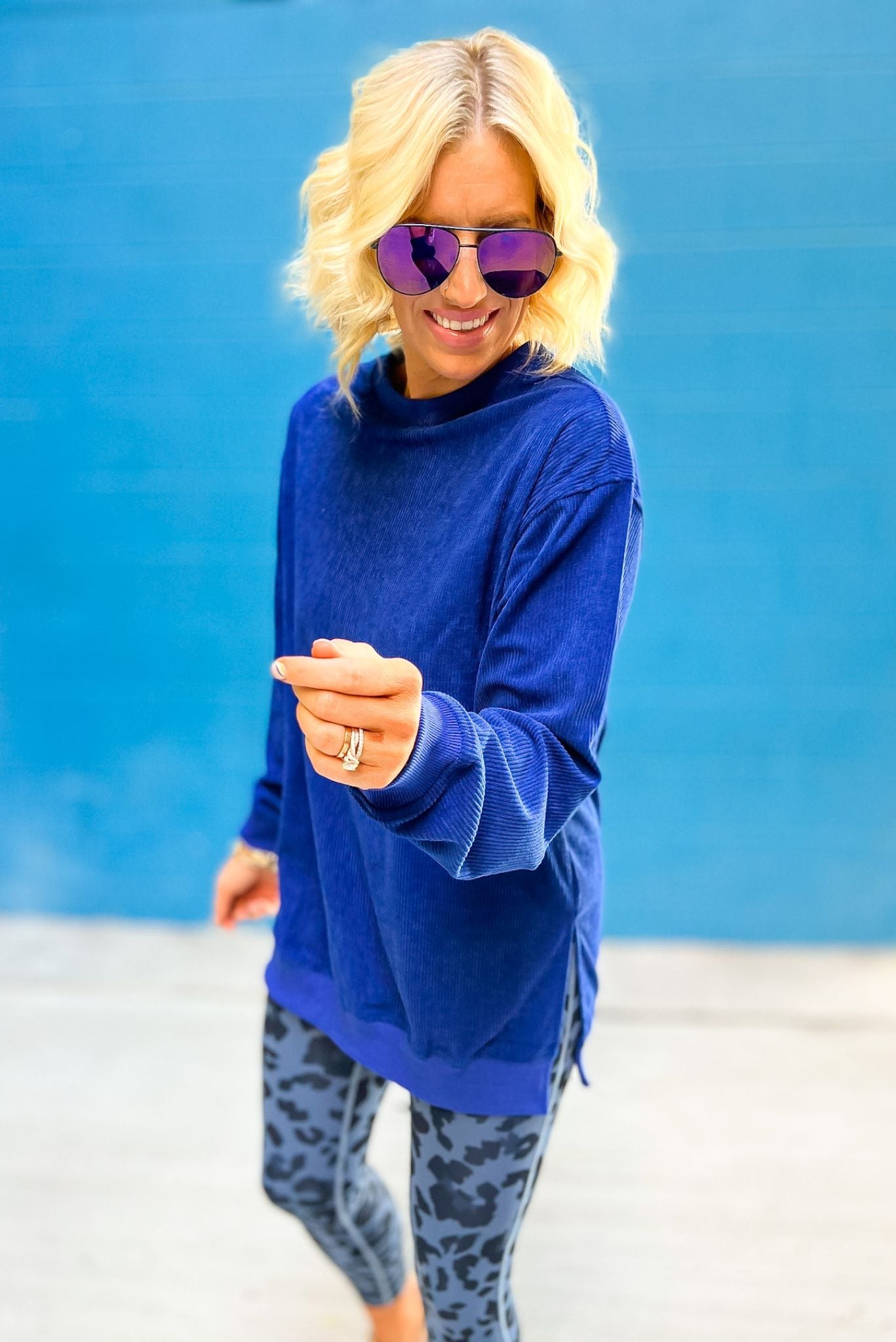 Royal Blue Corded Sweatshirt With Side Slit SSYS The Label