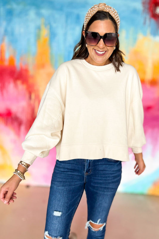 cream Balloon Sleeve Sweatshirt, pink soft material, everyday wear, everyday sweatshirt, mom style, lounge to lunch, shop style your senses by mallory fitzsimmons