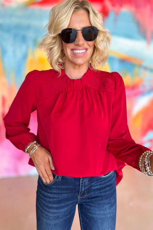 Red Mock Neck Pleat Detail Long Sleeve Top, holiday look, fall must have, mom style, work wear, shop style your senses by mallory fitzsimmons