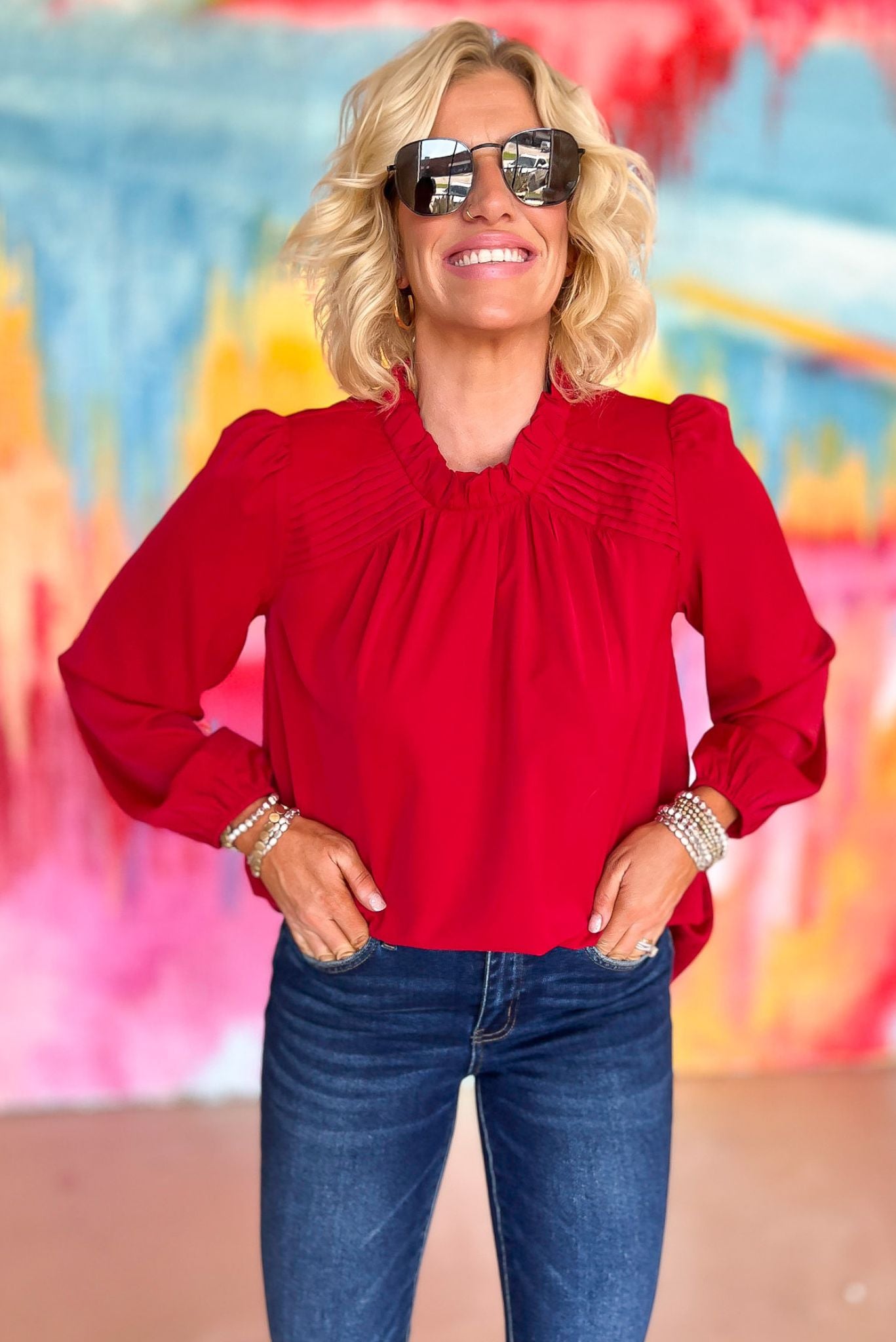 Red Mock Neck Pleat Detail Long Sleeve Top, holiday look, fall must have, mom style, work wear, shop style your senses by mallory fitzsimmons