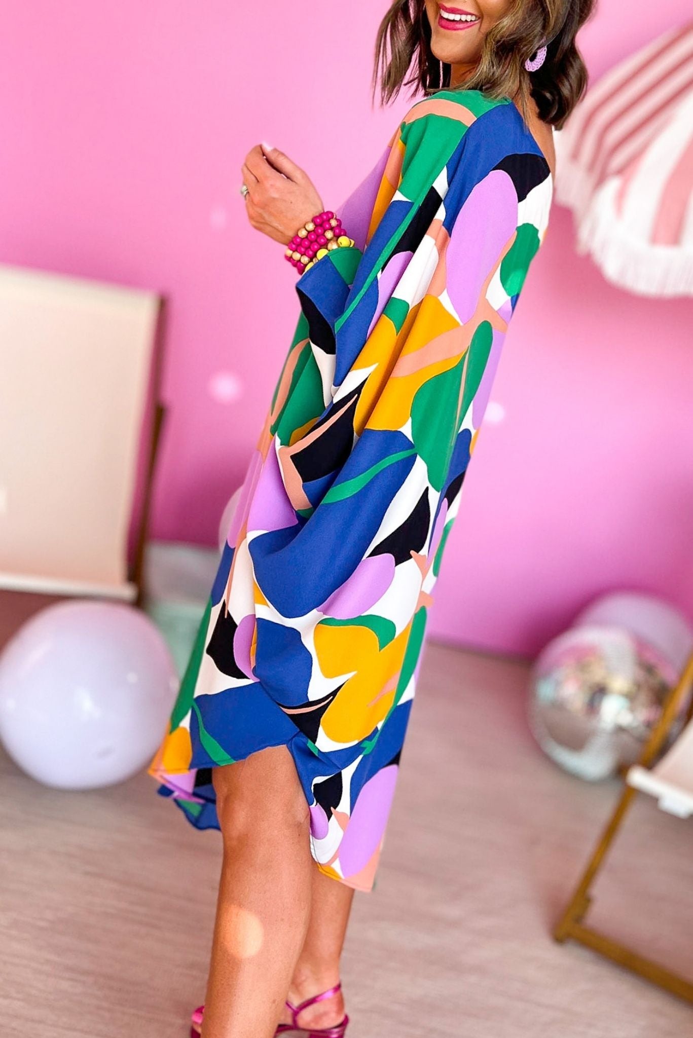Multi Abstract One Sleeve Asymmetrical Midi Dress, spring break, one shoulder, resort wear, must have, night out, shop style your senses by mallory fitzsimmons