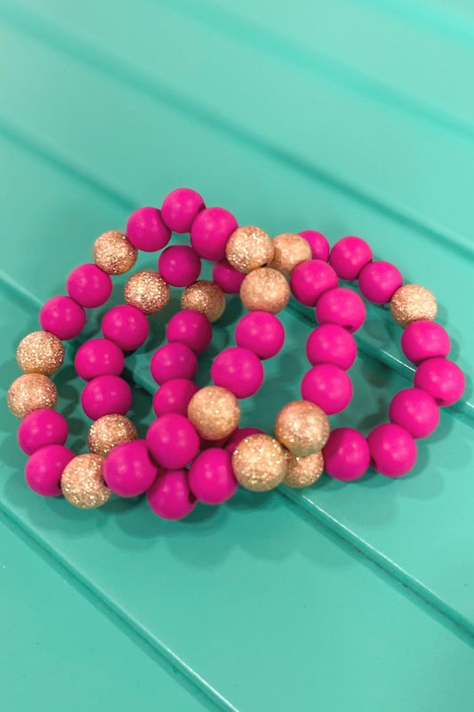 Fuchsia Wood Gold Bead Bracelet Stack