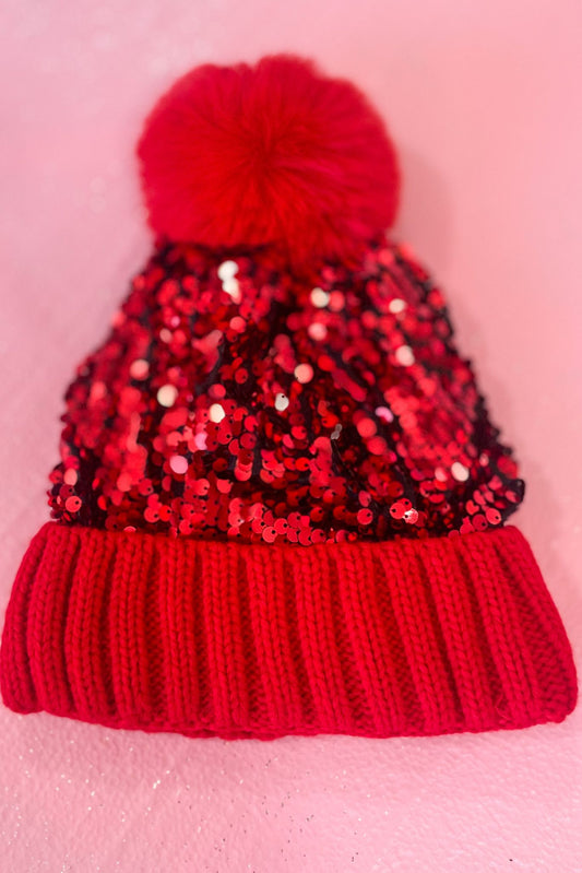 Red Sequin Pom Pom Knit Beanie