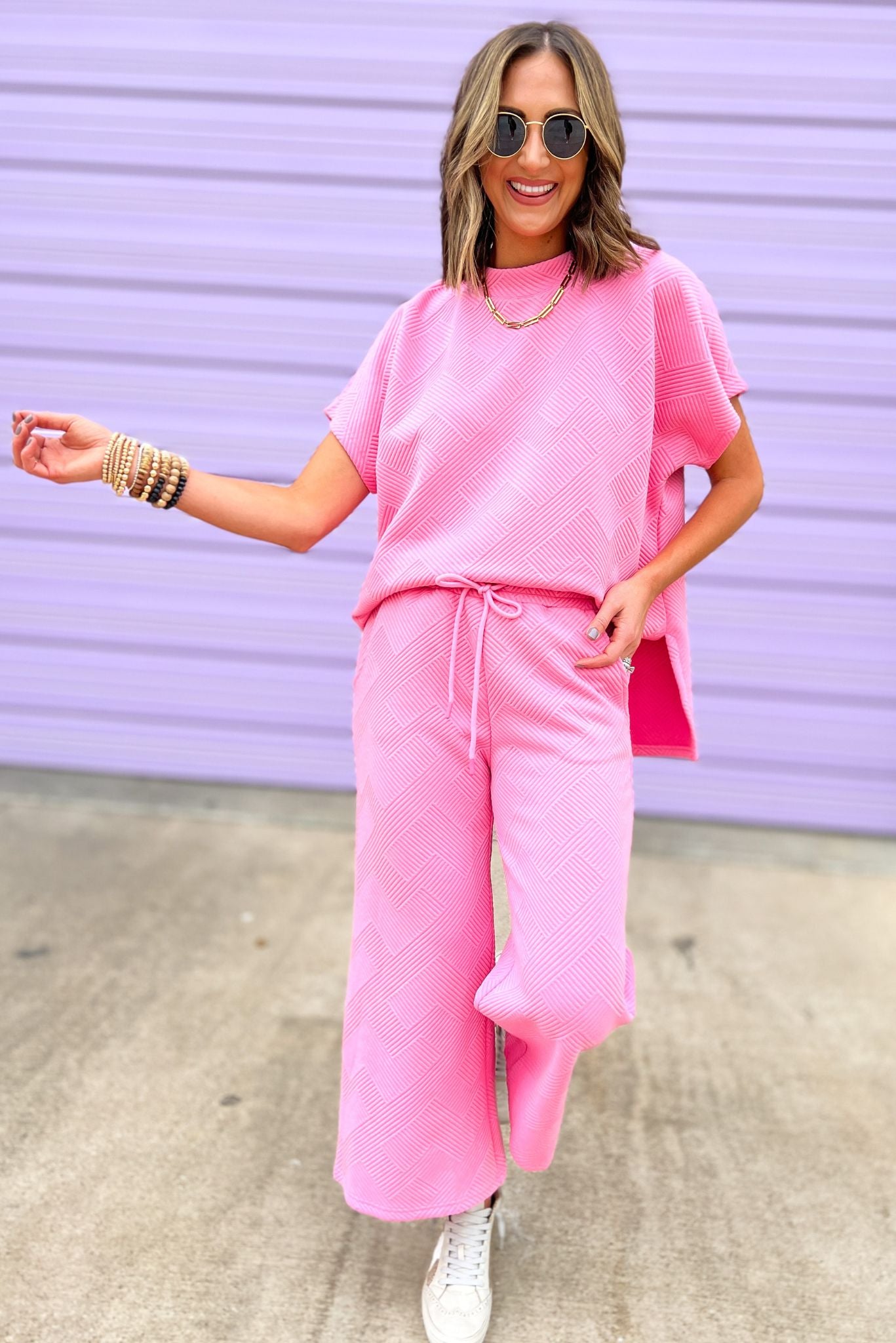 Pink Textured Drop Shoulder Wide Leg Pants Set