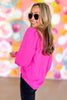 Hot Pink Puff Shoulder Long Sleeve V Neck Top, vibrant fall, work wear, date night look, must have, shop style your senses by mallory fitzsimmons