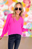 Hot Pink Puff Shoulder Long Sleeve V Neck Top, vibrant fall, work wear, date night look, must have, shop style your senses by mallory fitzsimmons