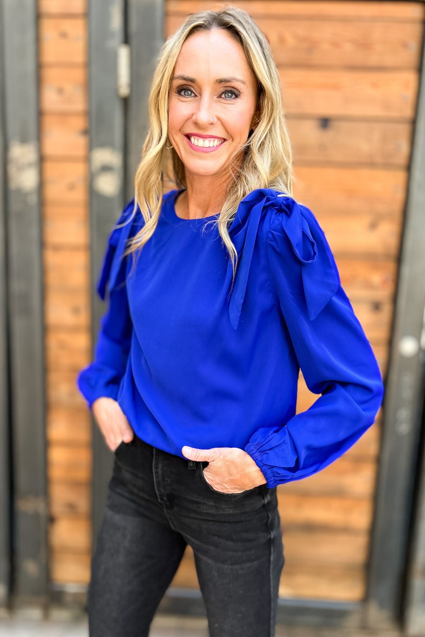 Royal Blue Shoulder Bow Long Sleeve Top Top, fall fashion, fall must have, work wear, mom style, date night, shop style your senses by mallory fitzsimmons