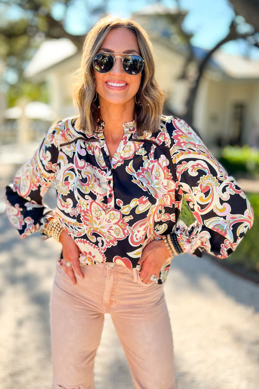 Black Paisley Lace Trim Long Sleeve Top