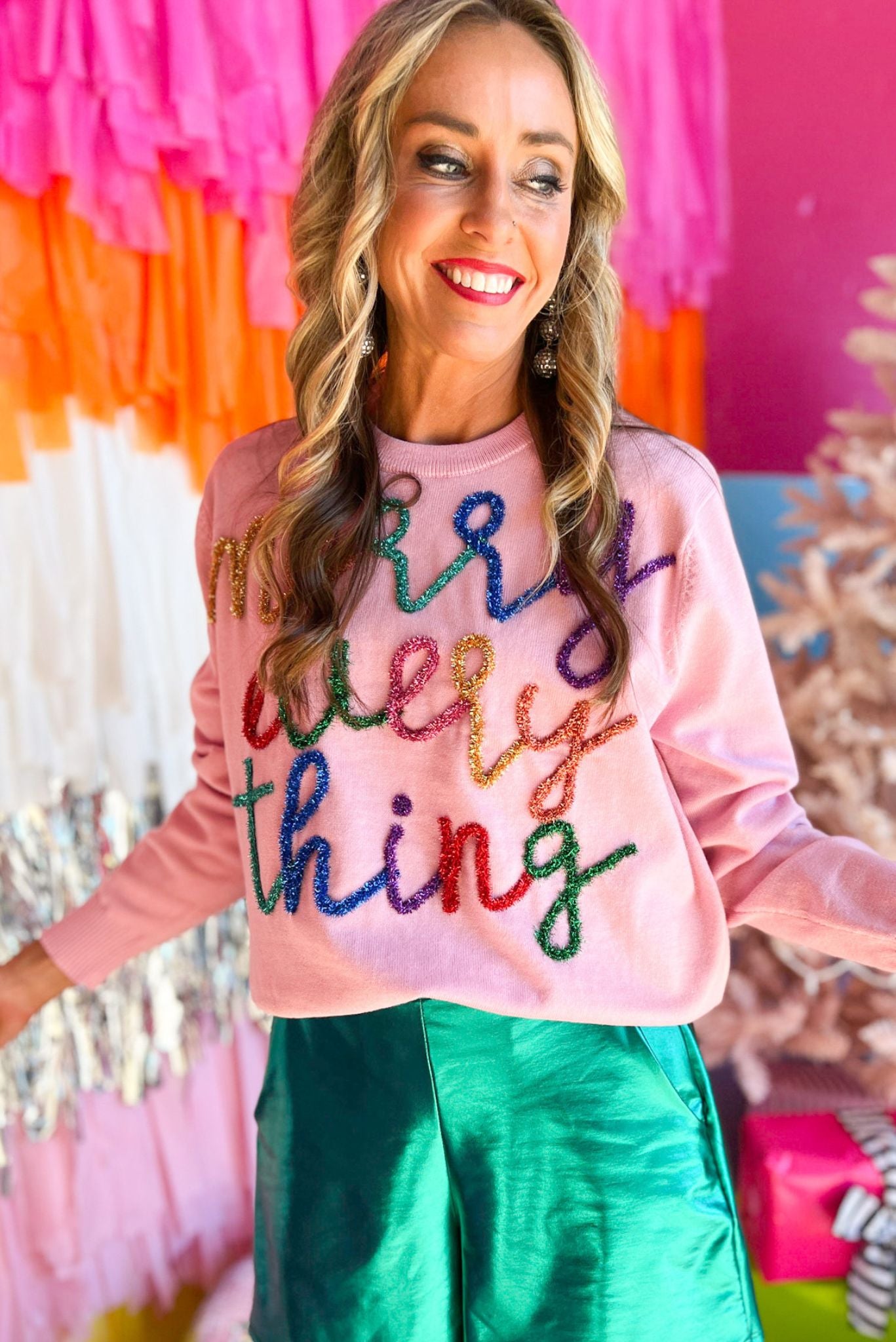 Light Pink Merry Everything Script Sweater by Queen Of Sparkles, holiday look, holiday glam, must have, holiday party, glitz, chic, shop style your senses by mallory fitzsimmons