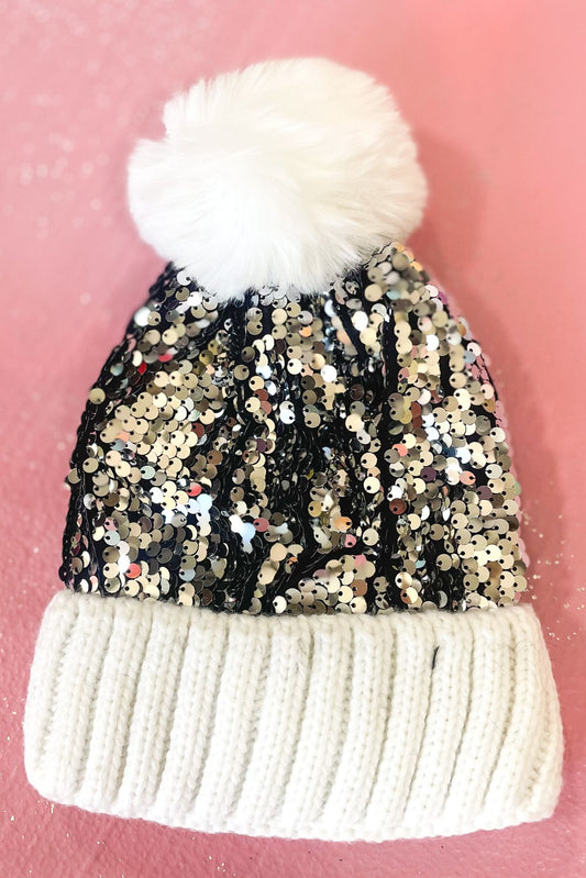 White Scale Sequin Pom Pom Knit Beanie