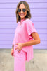 Pink Textured Drop Shoulder Wide Leg Pants Set