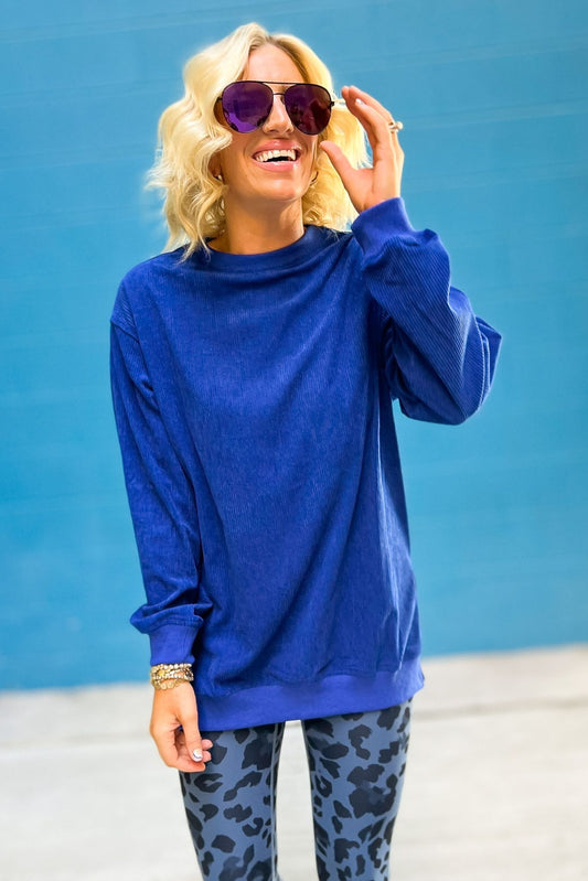 Royal Blue Corded Sweatshirt With Side Slit SSYS The Label