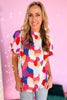 Colorful Printed Frill Neck Puff Short Sleeve Top