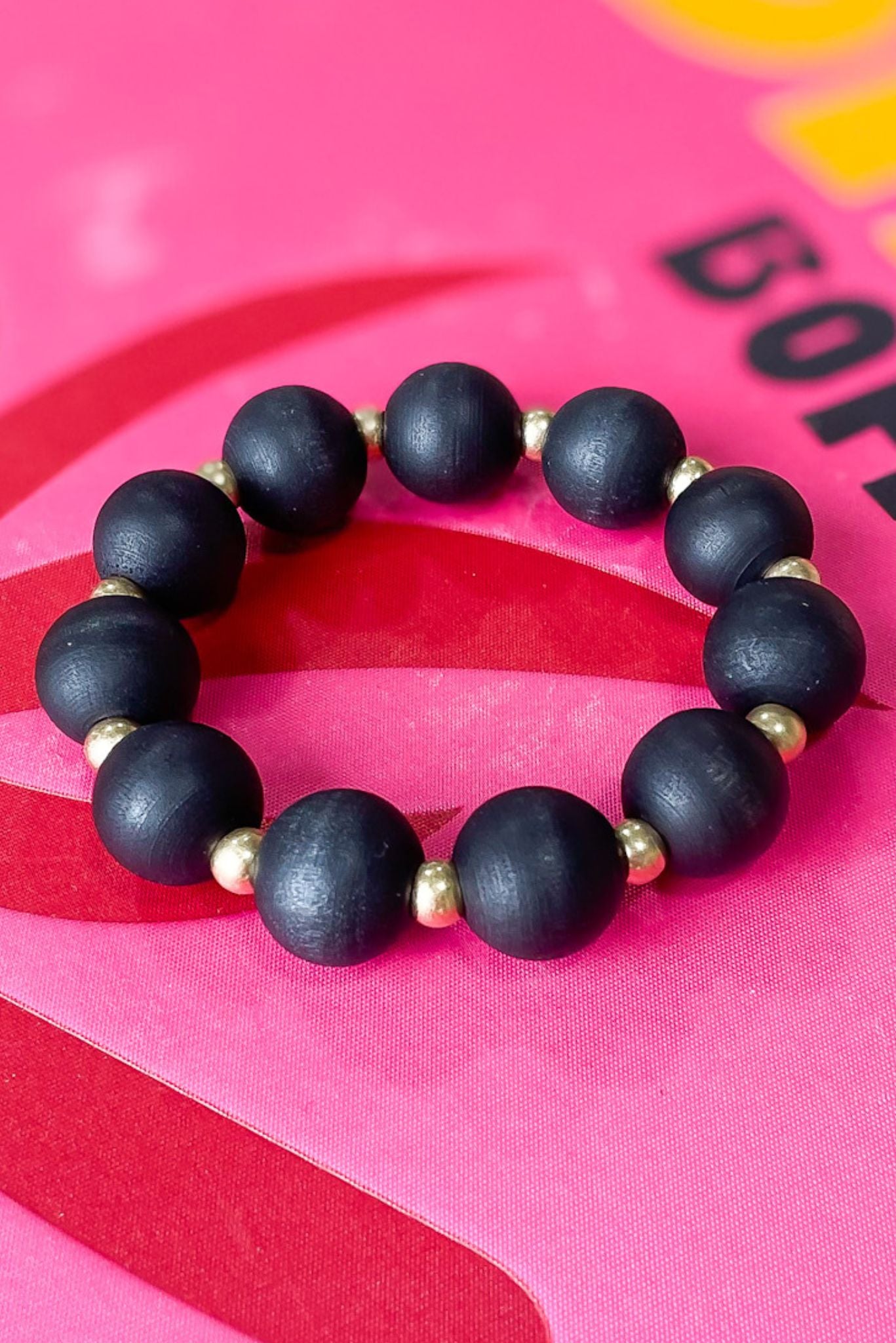 Black Wooden Ball Gold Bead Stretch Bracelet, black stretch bracelet, large ball stretch bracelet, everyday wear, stackable, shop style your senses by mallory fitzsimmons