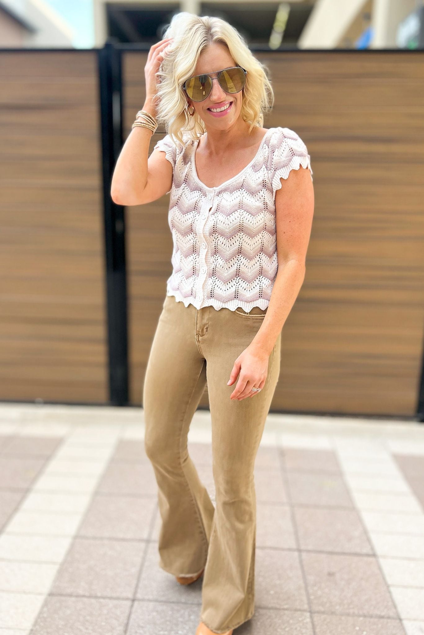 Cream Chevron Knit Button Short Sleeve Sweater Top, neutral top, fall transition piece, easy to wear, feminine, mom style, shop style your senses by mallory fitzsimmons