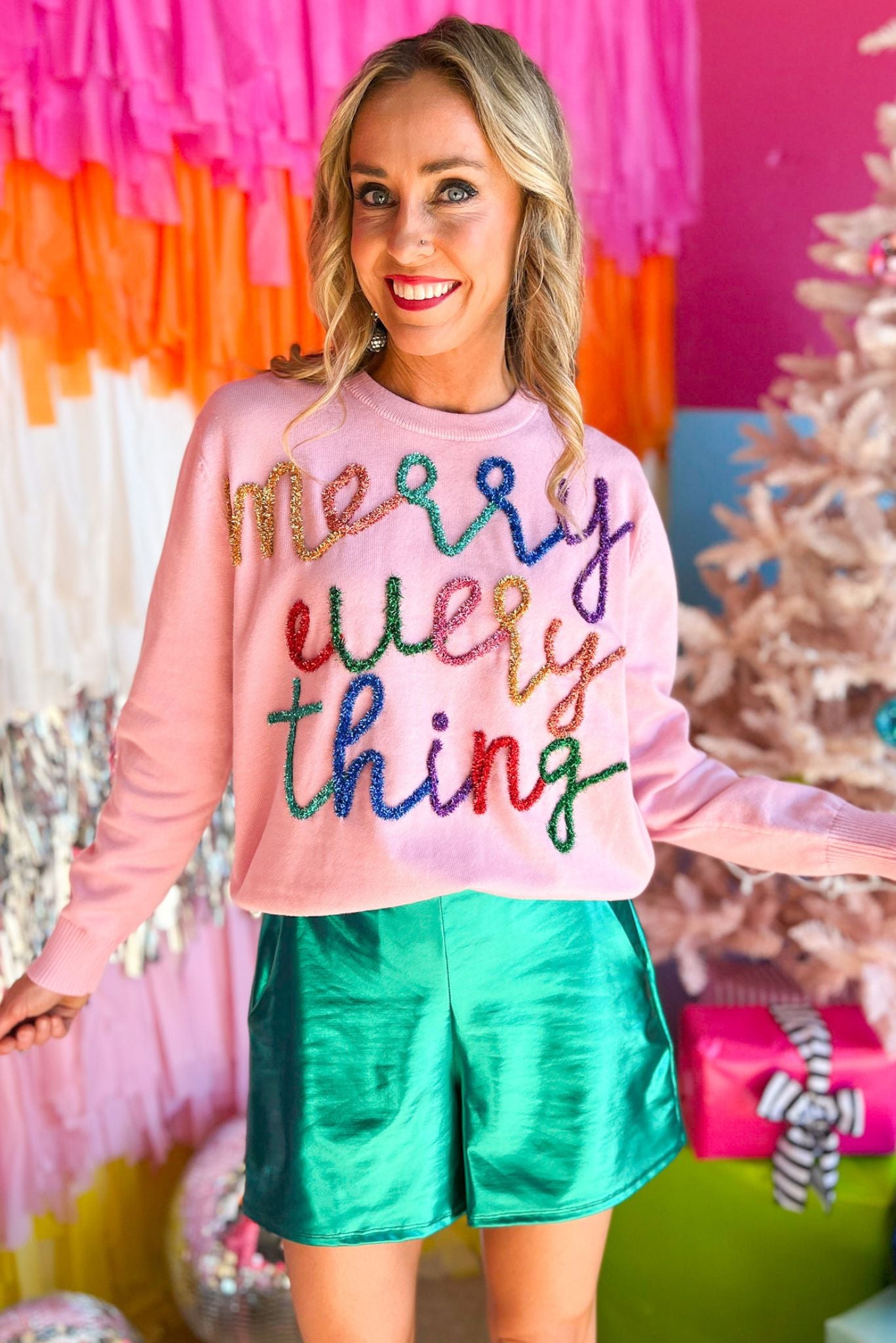 Light Pink Merry Everything Script Sweater by Queen Of Sparkles, holiday look, holiday glam, must have, holiday party, glitz, chic, shop style your senses by mallory fitzsimmons