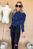 Royal Blue Black Geometric Stripe Puff Long Sleeve Top, puff sleeve detail, dressy top, elevated look, date night, chic, shop style your senses by mallory fitzsimmons