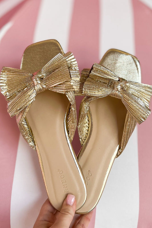 Gold Metallic Bow Sandal Slides, spring break, resort wear, summer sandal, must have, shop style your senses by mallory fitzsimmons