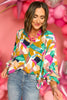 Multi Abstract V Neck Button Down Long Sleeve Top *FINAL SALE*