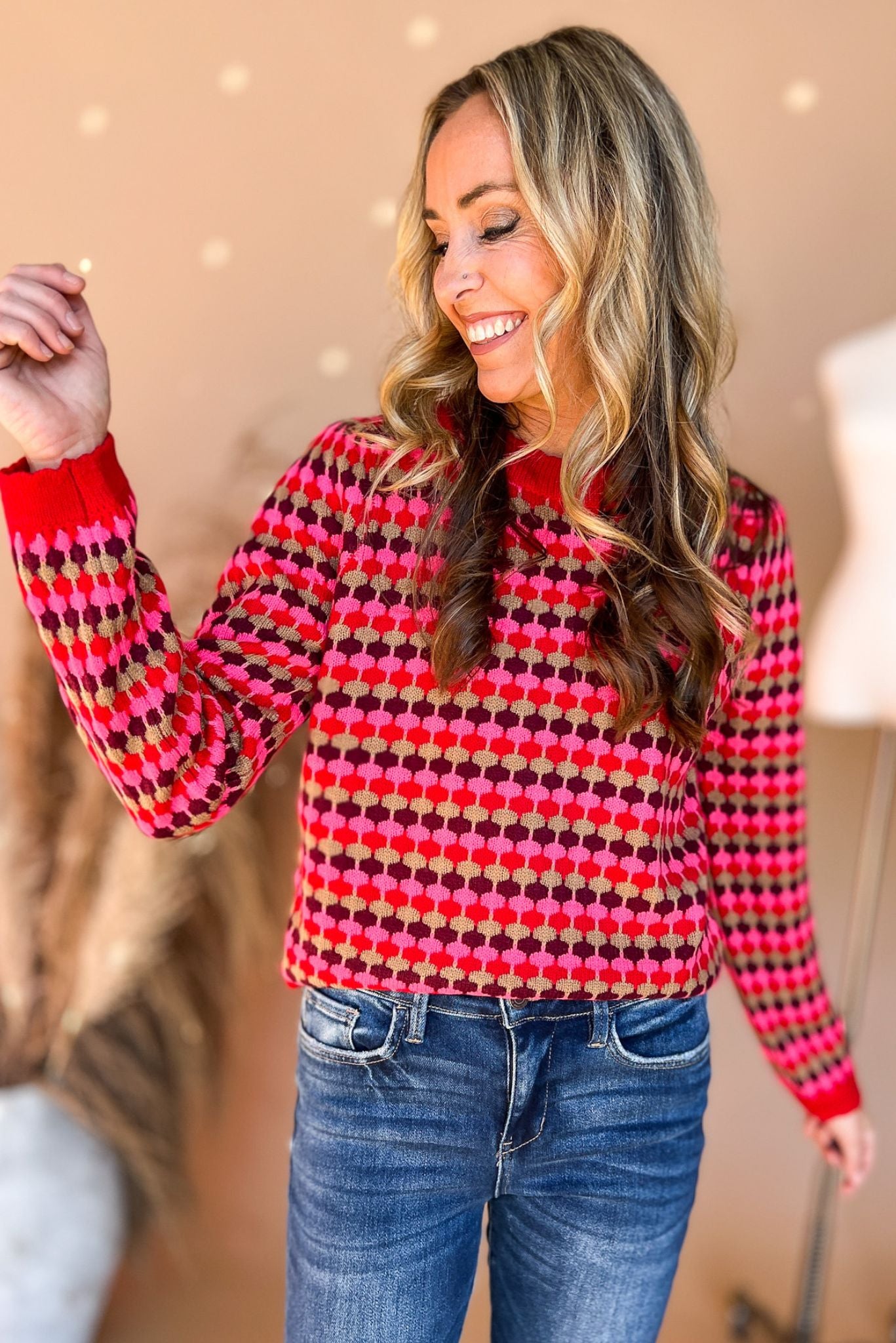 Red Geometric Scalloped Hem Sweater, fall fashion, must have, mom style, chic, date night, sweater weather, shop style your senses by mallory fitzsimmons
