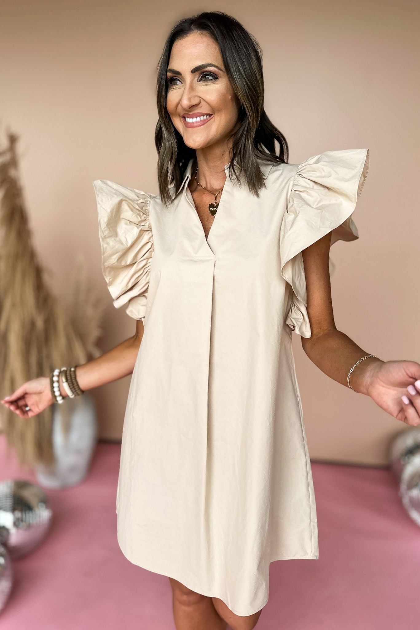 SSYS Taupe Ruffle Shoulder Poplin Dress, ruffle detail, poplin, pleated front, mom style, must have, shop style your senses by mallory fitzsimmons