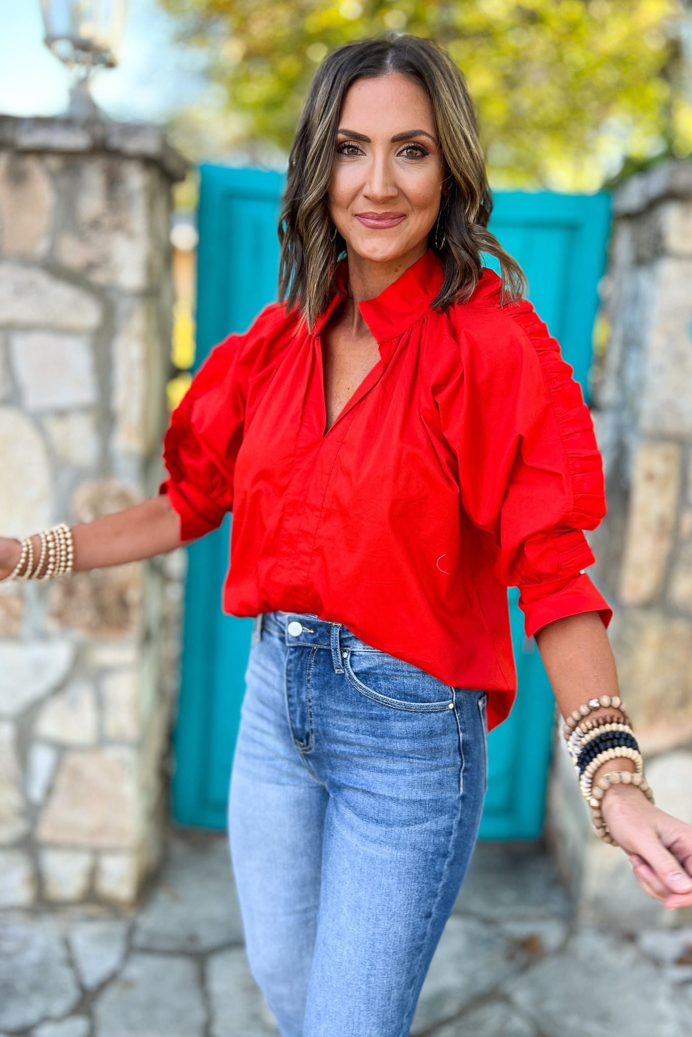 Red Poplin Ruffle Sleeve V Neck Top by Karlie, game day, must have, ruffle detail, mom style, shop style your senses by mallory fitzsimmons