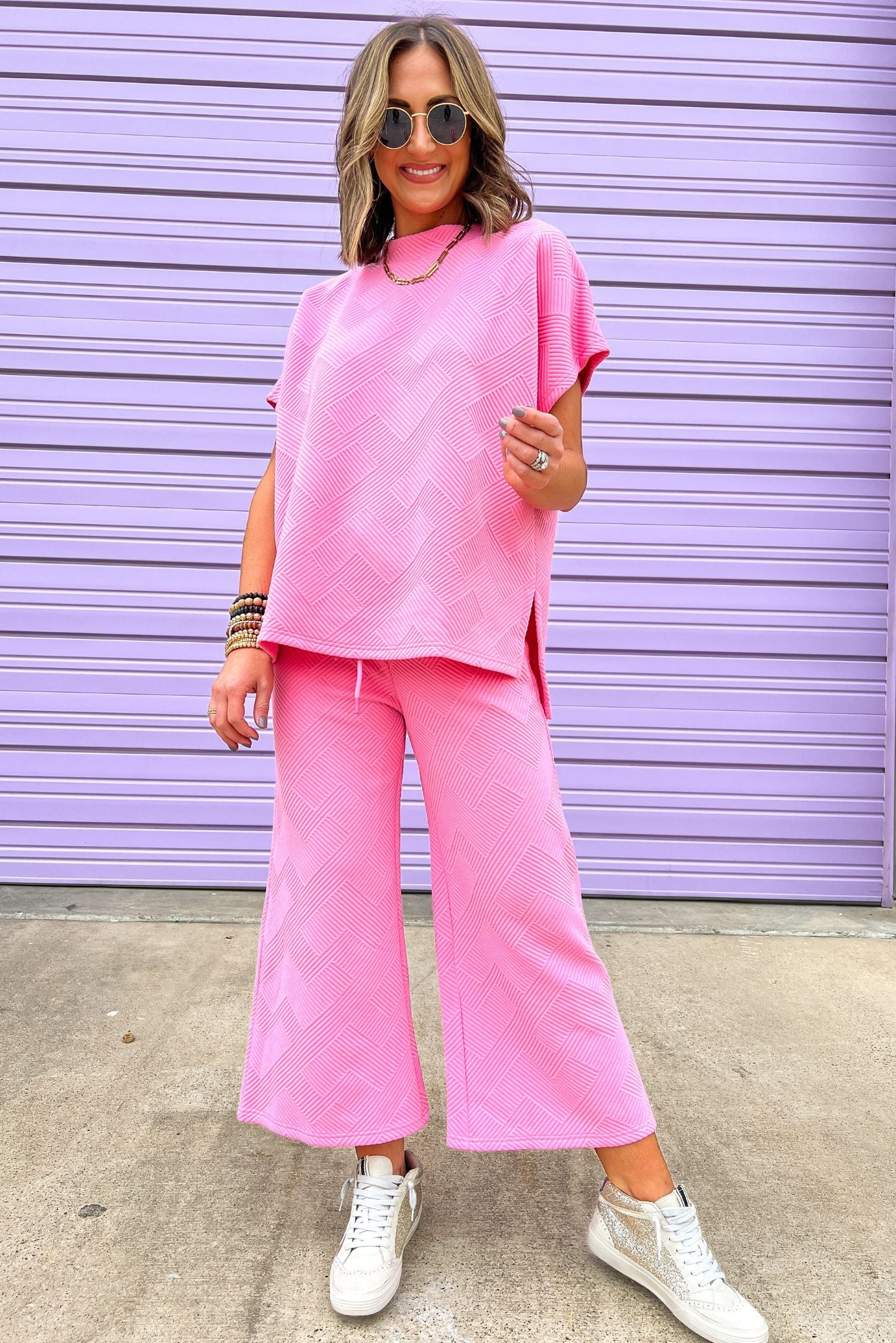 Pink Textured Drop Shoulder Wide Leg Pants Set