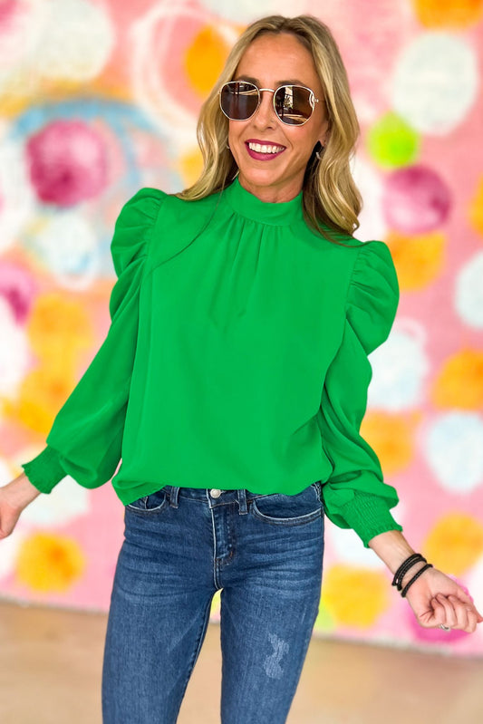 Green Smocked Cuff Woven Blouse, puff sleeve detail, high neck, office wear, work wear, mom style, must have, shop style your senses by mallory fitzsimmons