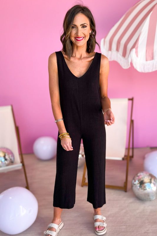 black  V Neck Sleeveless Straight Leg Linen Blend Jumpsuit, v neck, linen, easy fit, must have, summer staple, shop style your senses by mallory fitzsimmons