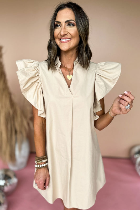 SSYS Taupe Ruffle Shoulder Poplin Dress, ruffle detail, poplin, pleated front, mom style, must have, shop style your senses by mallory fitzsimmons