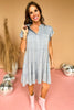 Blue Mineral Washed Button Front Ruffle Sleeve Tiered Dress *FINAL SALE*