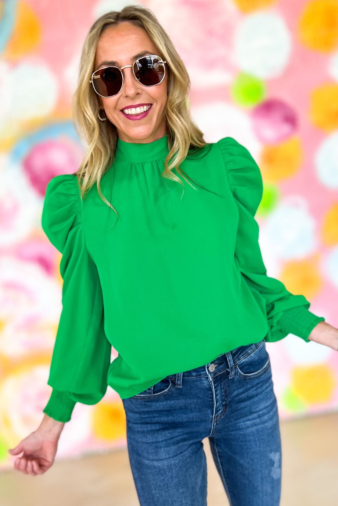 Green Smocked Cuff Woven Blouse, puff sleeve detail, high neck, office wear, work wear, mom style, must have, shop style your senses by mallory fitzsimmons
