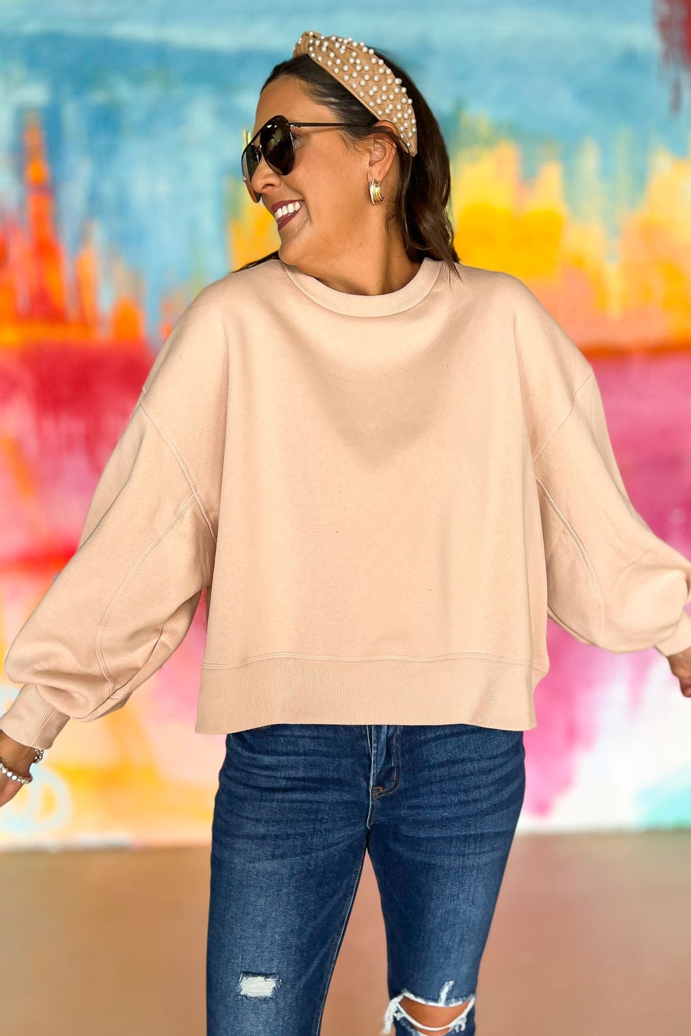blush Balloon Sleeve Sweatshirt, pink soft material, everyday wear, everyday sweatshirt, mom style, lounge to lunch, shop style your senses by mallory fitzsimmons