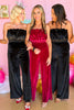 Hot Pink Velvet Strapless Pleated Wide Leg Jumpsuit*FINAL SALE*