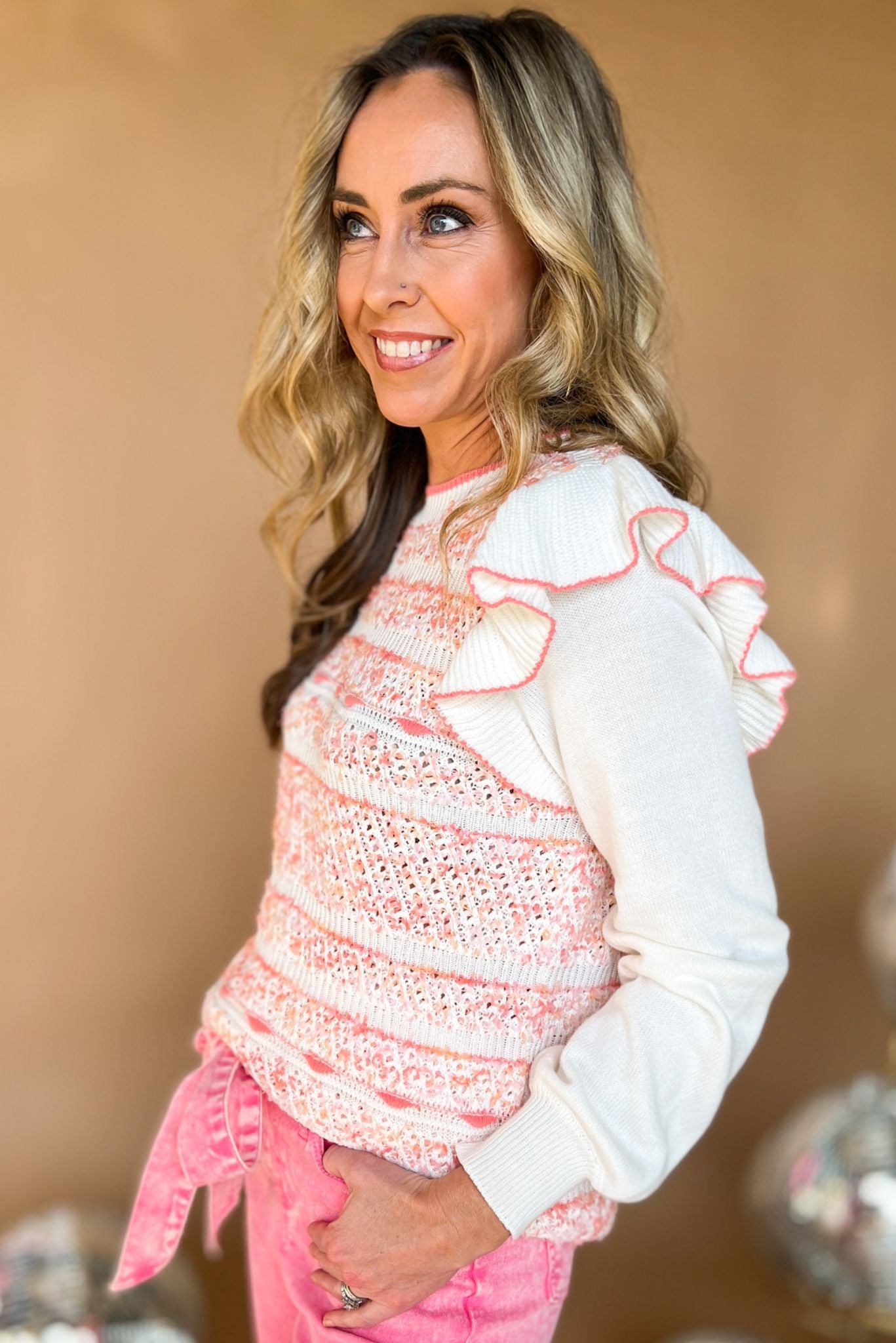 Coral Pink Ivory Ruffle Shoulder Contrast Sleeve Knit Top, spring fashion, ruffle sleeve, everyday wear, light weight, mom style, shop style your senses by mallory fitzsimmons