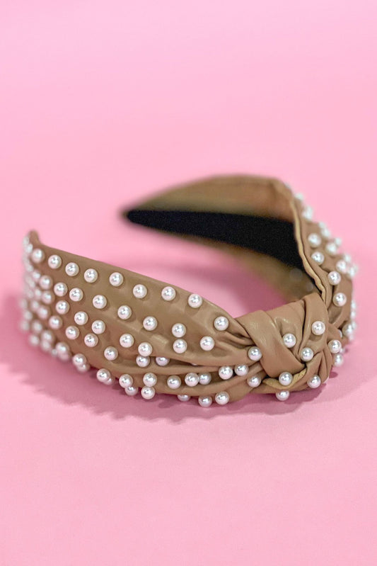 Beige Faux Leather Pearl Knot Headband