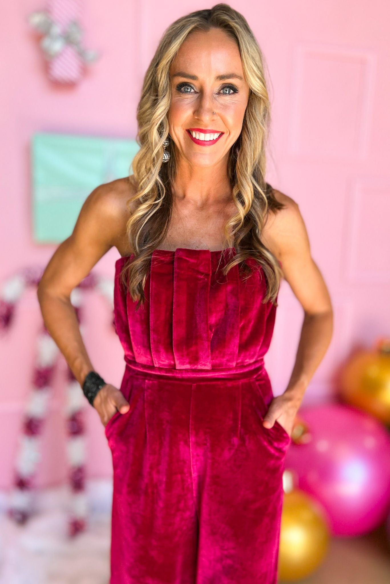 Hot Pink Velvet Strapless Pleated Wide Leg Jumpsuit, holiday look, holiday party, elevated look, must have, shop style your senses by mallory fitzsimmons