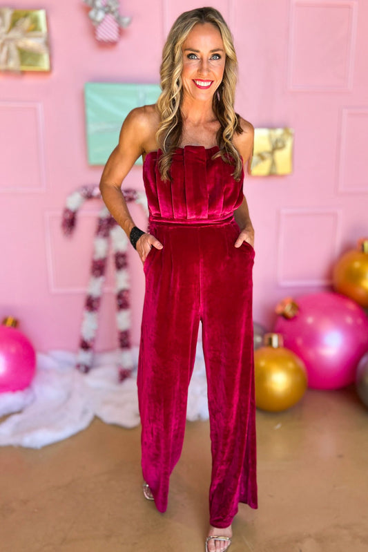 Hot Pink Velvet Strapless Pleated Wide Leg Jumpsuit, holiday look, holiday party, elevated look, must have, shop style your senses by mallory fitzsimmons