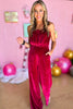 Hot Pink Velvet Strapless Pleated Wide Leg Jumpsuit, holiday look, holiday party, elevated look, must have, shop style your senses by mallory fitzsimmons