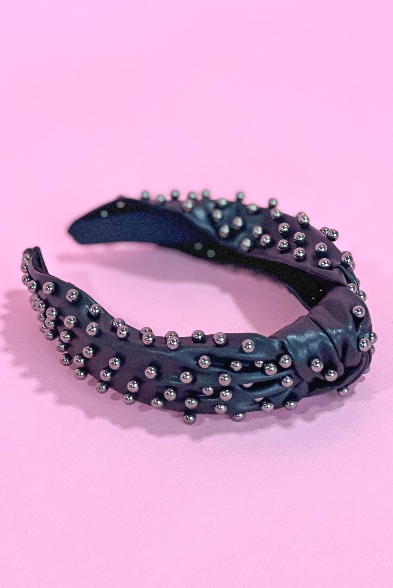 Black Faux Leather Pearl Knot Headband, leather headband, chic accessory, statement accessory, game day, everyday wear, shop style your senses by mallory fitzsimmons