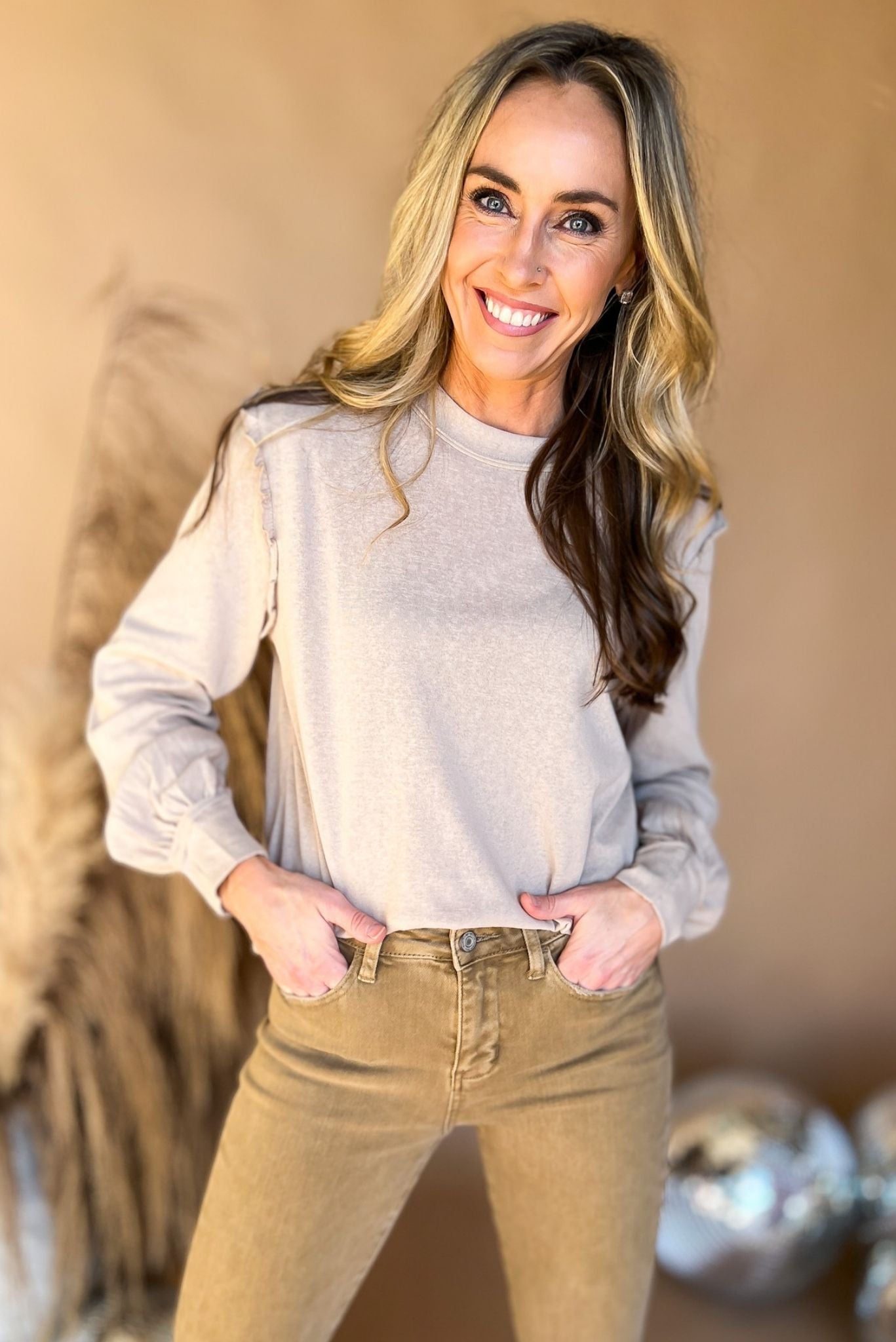 Beige Ruffle Hem Balloon Long Sleeve Top, everyday sweater, must have, front seam detail, mom style, elevated look, shop style your senses by mallory fitzsimmons