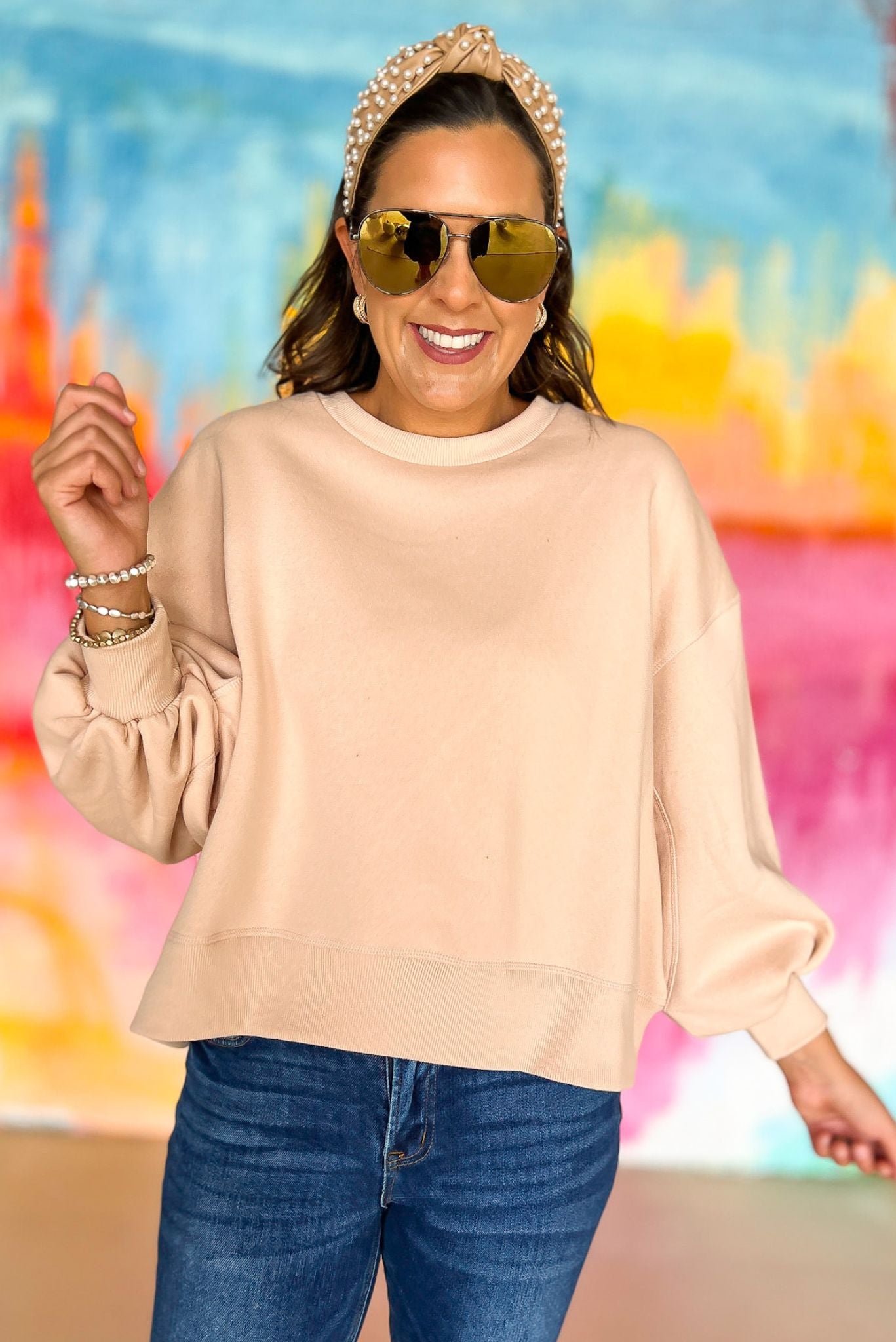 blush Balloon Sleeve Sweatshirt, pink soft material, everyday wear, everyday sweatshirt, mom style, lounge to lunch, shop style your senses by mallory fitzsimmons