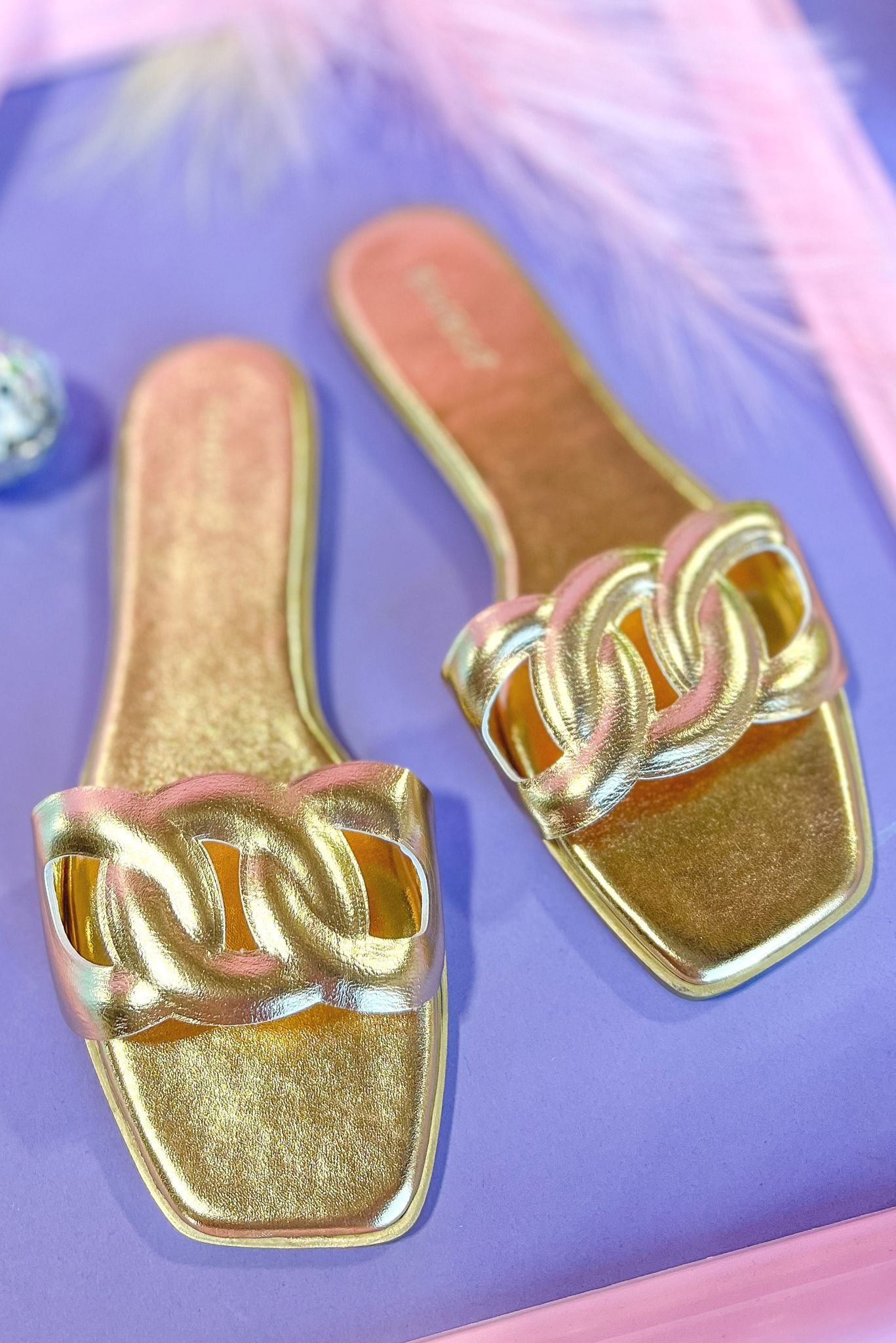 Gold Metallic Embossed Chain Slides, summer slides, sandals, must have, mom style, everyday wear, shop style your senses by mallory fitzsimmons