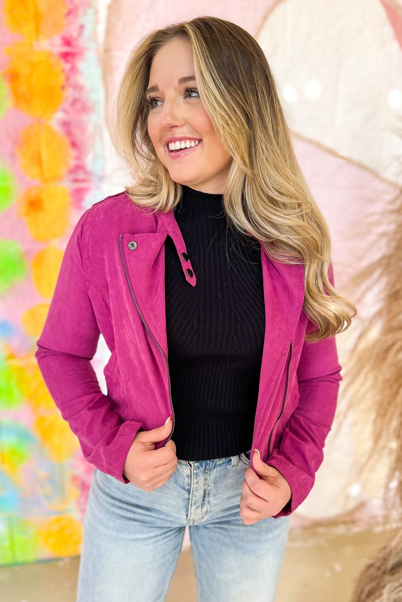 Fuchsia Suede Belted Moto Jacket, fall fashion, fall must have, layered look, elevated look, chic, mom style, shop style your senses by mallory fitzsimmons