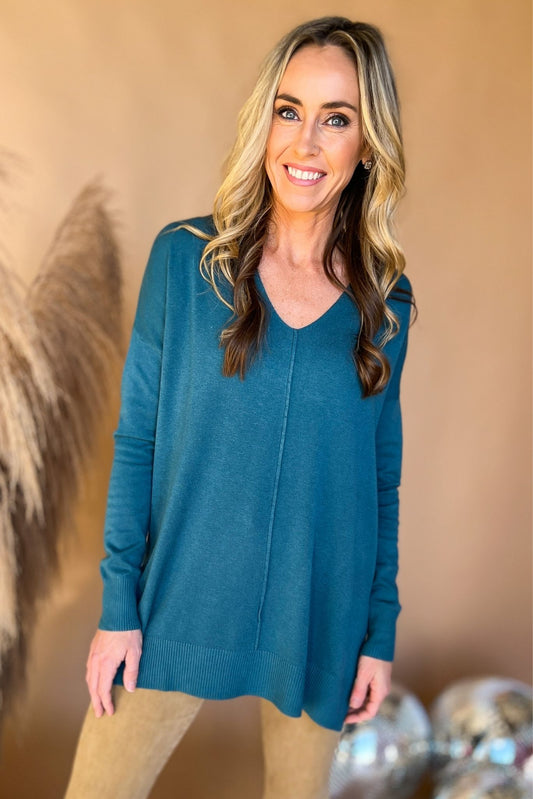 teal V Neck Front Seam Side Slit Sweater, everyday sweater, must have, front seam detail, mom style, elevated look, shop style your senses by mallory fitzsimmons