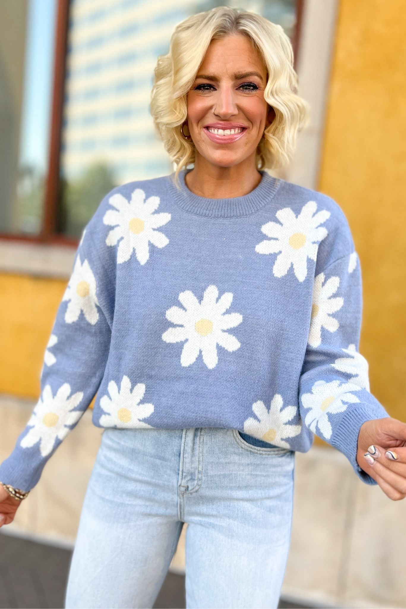 Blue Daisy Ribbed Hem Sweater, fall fashion, fall must have, layered look, elevated look, mom style, shop style your senses by mallory fitzsimmons