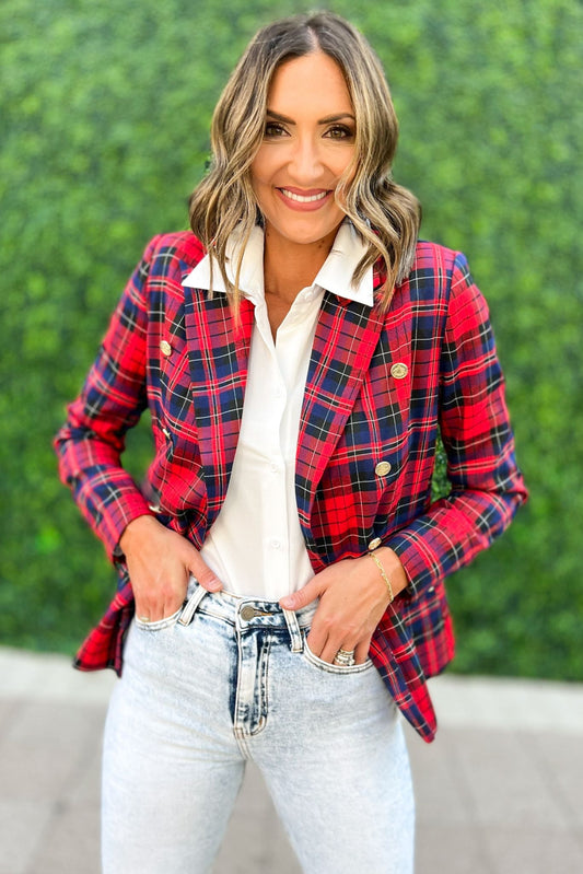 Red Navy Plaid Blazer, fall fashion, must have, statement piece, layered look, elevated look, shop style your senses by mallory fitzsimmons