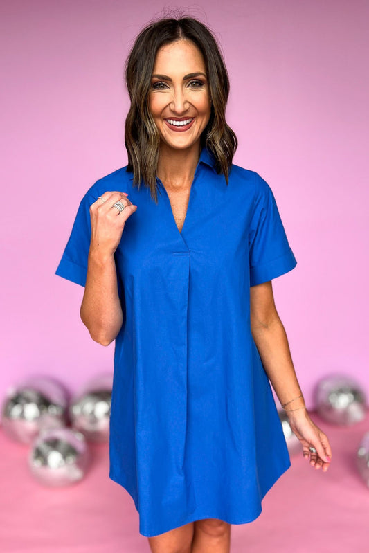SSYS royal blue Collared Poplin Dress, collar detail poplin, v neck, everyday wear, mom style, shop style your senses by mallory fitzsimmons